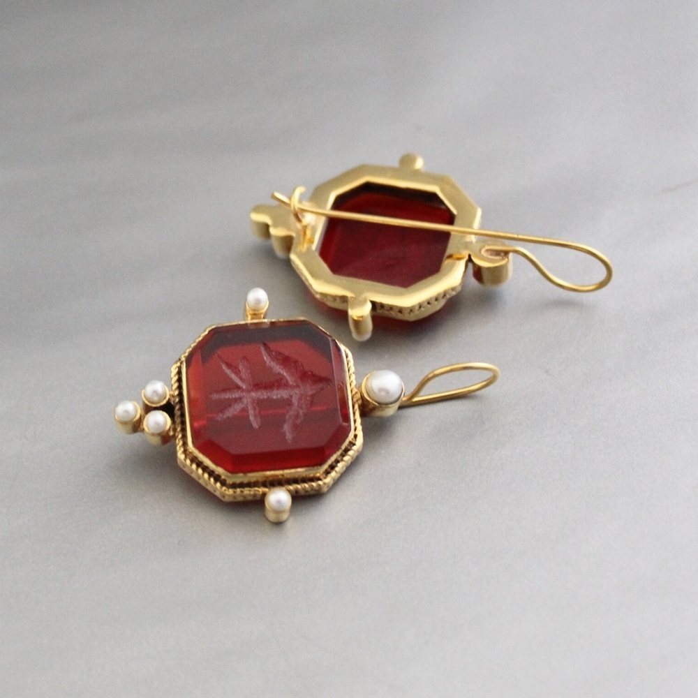 Vintage Gold and Red Earrings with Pearl Accents - Picture 4 of 5